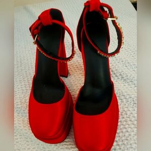 Red satin platform heels